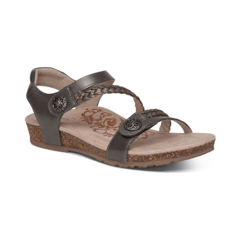 Aetrex Jillian women's casual sandal in gunmetal, braided straps with cork outsole.