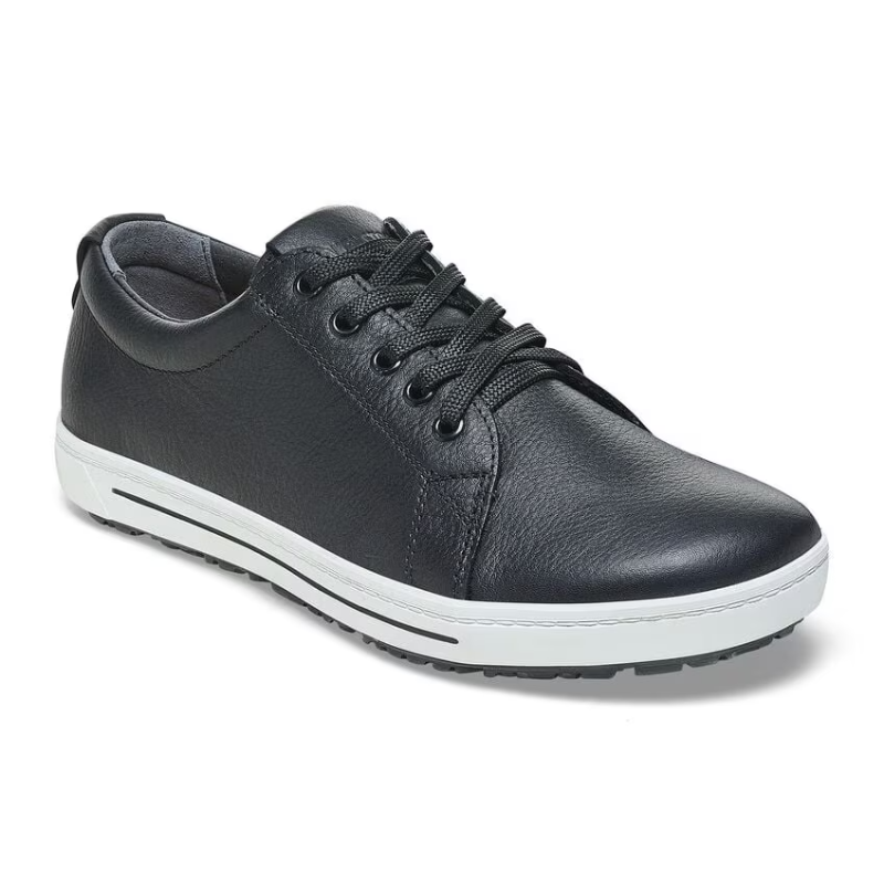 Birkenstock QO500 casual shoes, black leather upper with white sole and lace-up design