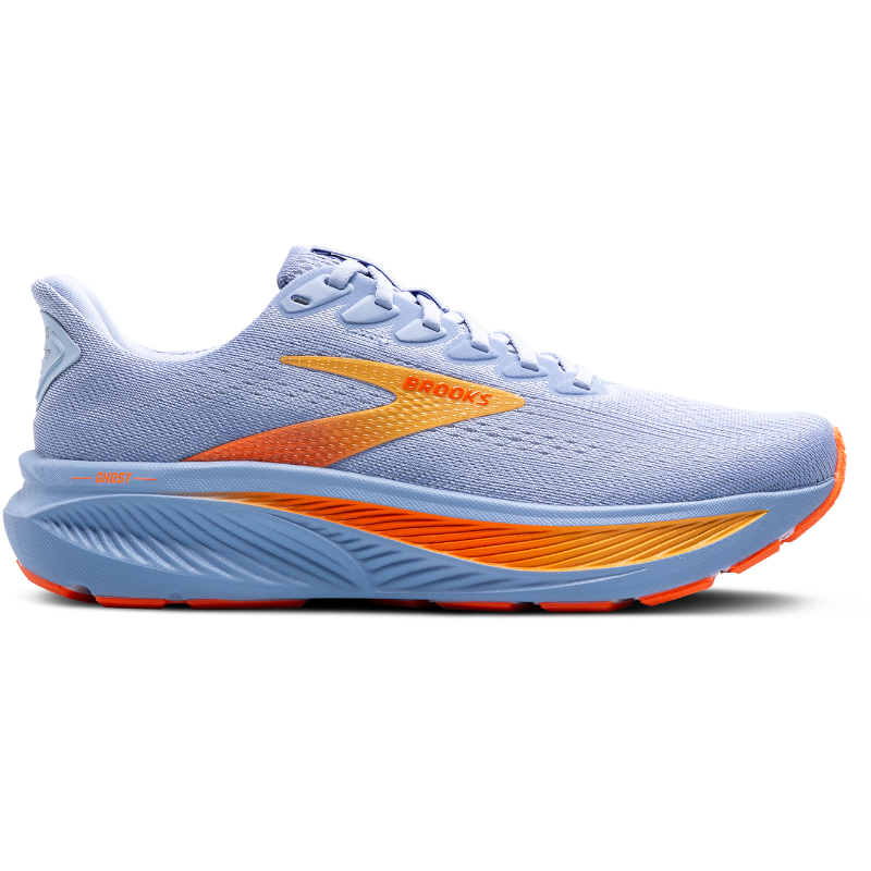 Brooks Ghost 17 athletic shoes in light blue with orange accents and a textured midsole