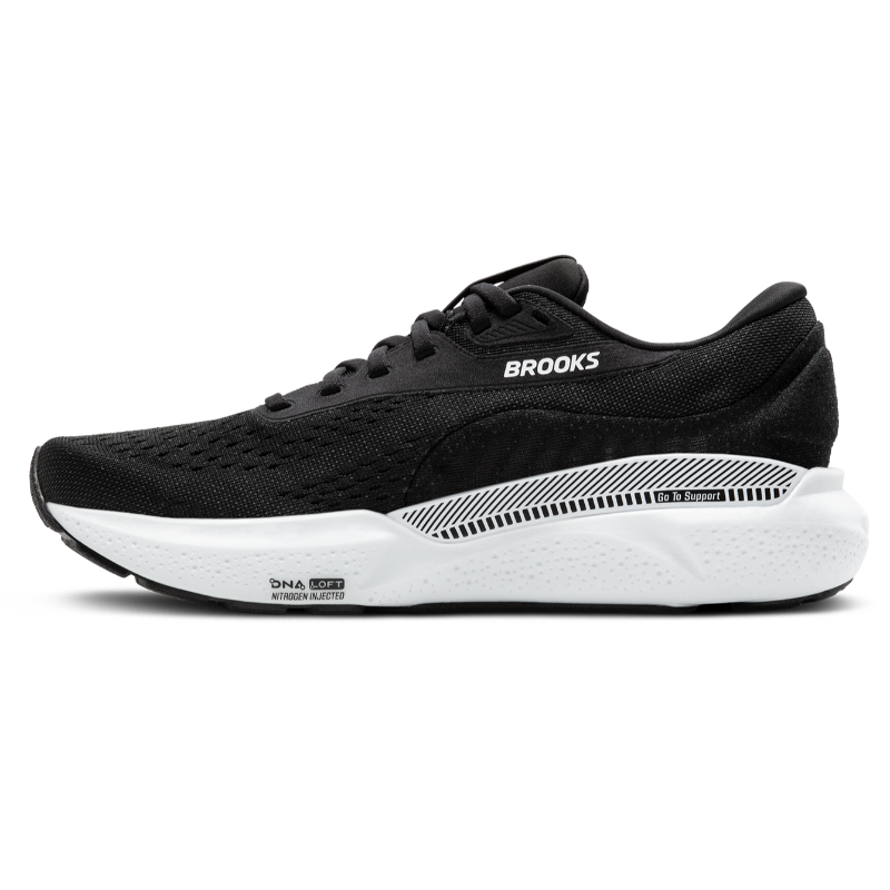 Brooks Adrenaline GTS 24 athletic shoes in black with white midsole and breathable mesh upper.