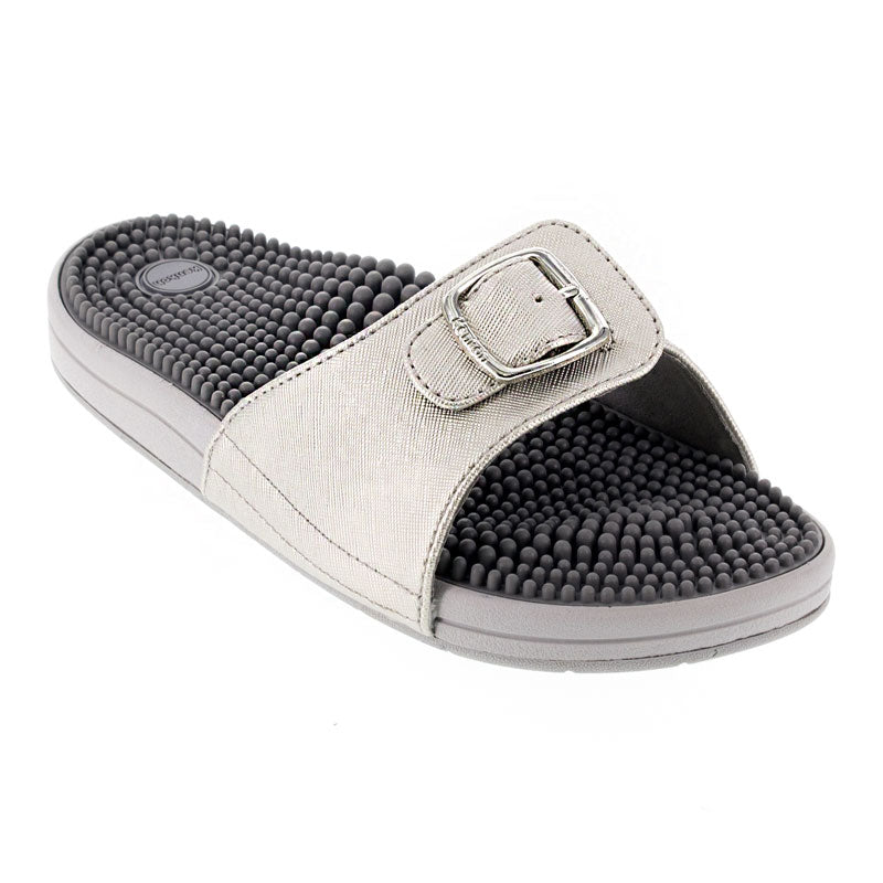 Kenkoh Chai V casual sandal with metallic beige strap and buckle over a textured black footbed