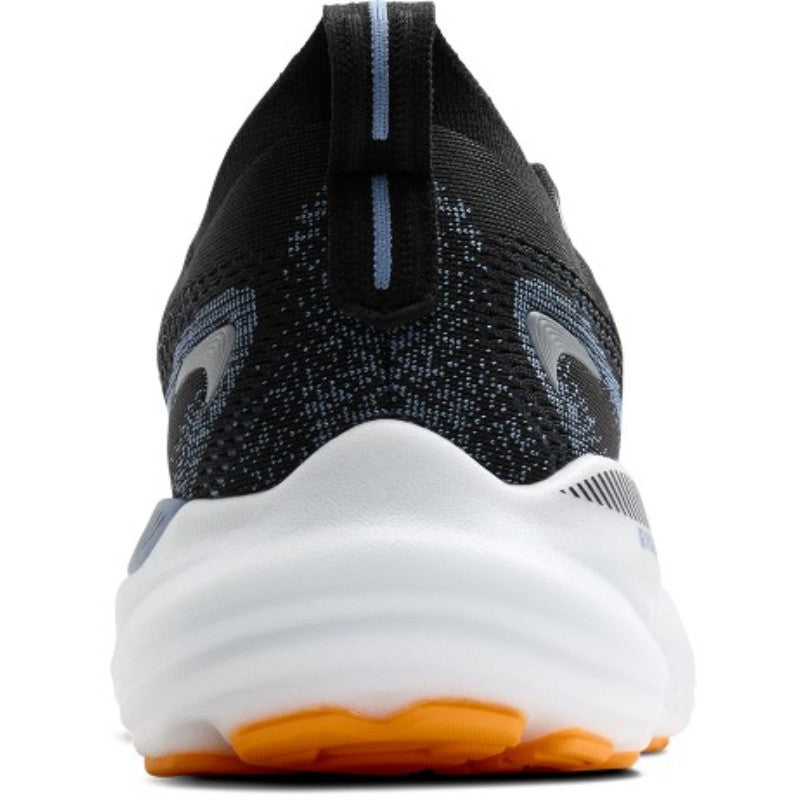 Brooks Glycerin GTS 22 men's running shoe, black knit upper with blue accents, white midsole and orange outsole.