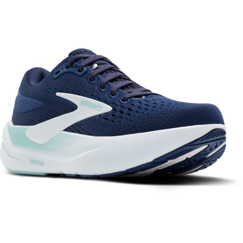 Brooks Ghost Max 3 athletic shoes in navy mesh with a white midsole and teal accents.
