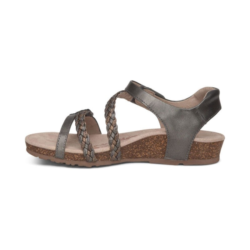 Aetrex Jillian casual sandal, gunmetal gray leather upper with braided straps and cork footbed