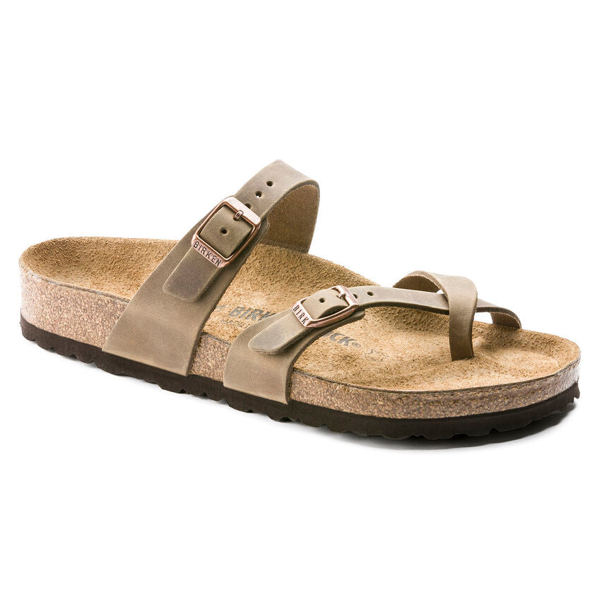 Birkenstock Mayari casual sandals with taupe leather straps, buckles, cork footbed