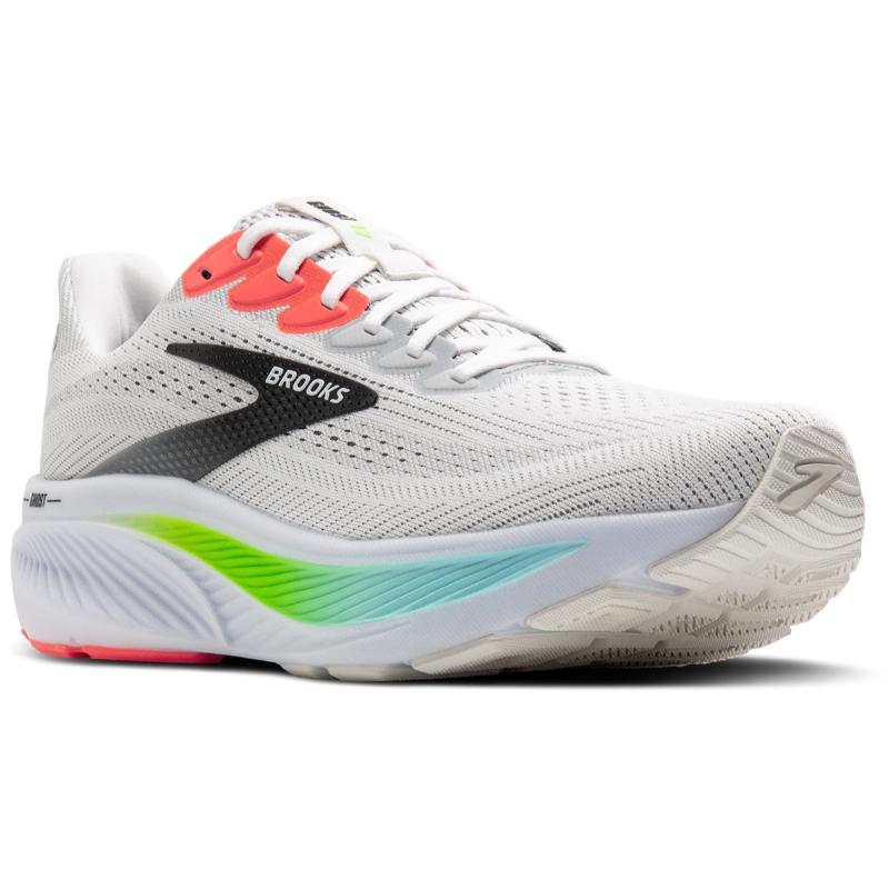 Brooks Ghost 17 athletic shoes; white/gray mesh upper with neon lime and turquoise midsole accents.