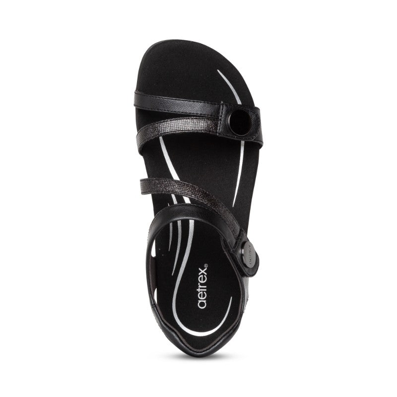 Aetrex Jess casual sandal in black leather with two straps and logo on the side