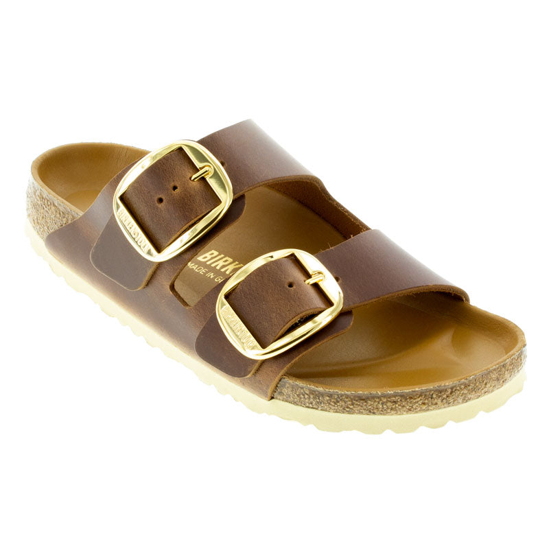 Birkenstock Arizona Big Buckle casual sandals, brown leather straps with gold buckles, cork footbed.
