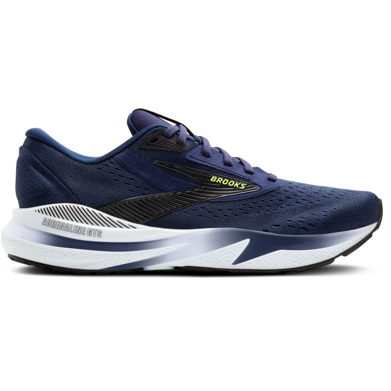 Brooks Adrenaline GTS 24 athletic shoes, navy blue knit upper with black detailing and white midsole