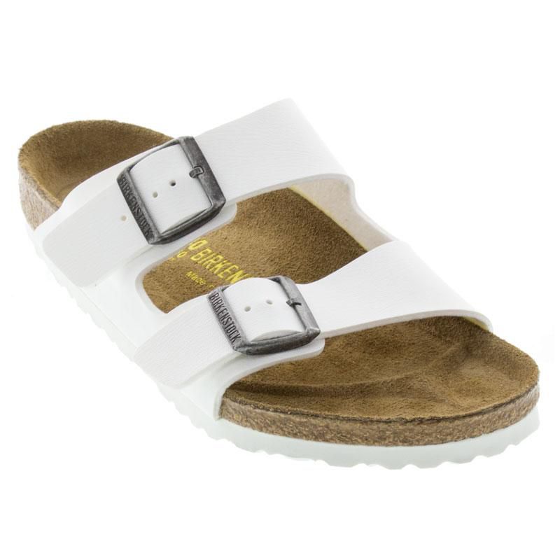 Birkenstock Arizona sandals; white two-strap casual shoes with metal buckles and cork footbed