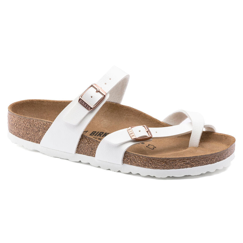 Birkenstock Mayari casual sandals in white with rose-gold buckles and cork footbed