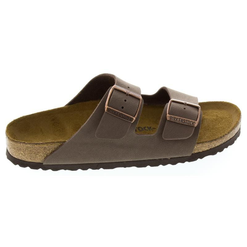Birkenstock Arizona sandals; taupe straps with double buckles, cork footbed, black outsole