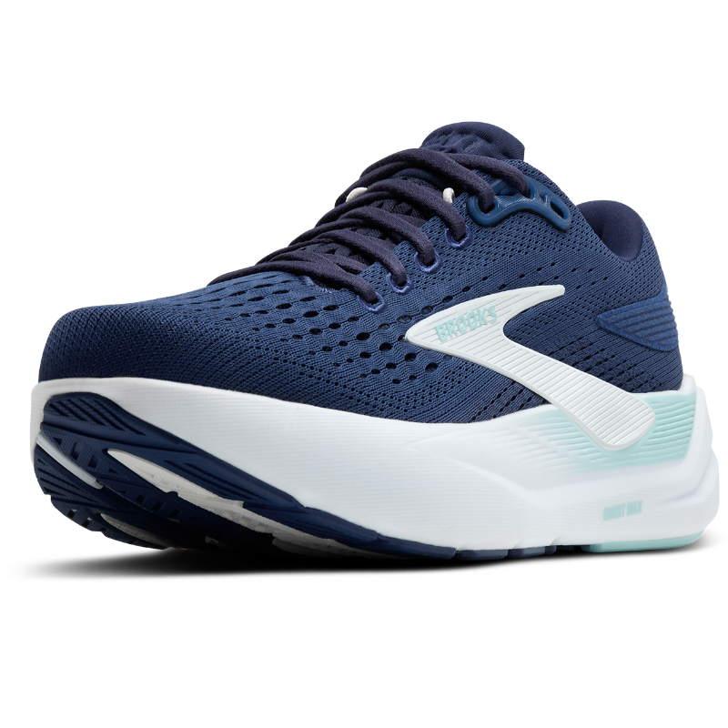 Brooks Ghost Max 3 athletic shoes, navy knit upper with white midsole and teal heel detail