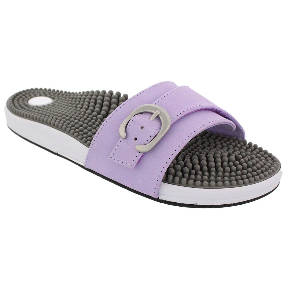Kenkoh Vibe-V casual sandal in lavender with metal buckle and gray nubbed footbed.