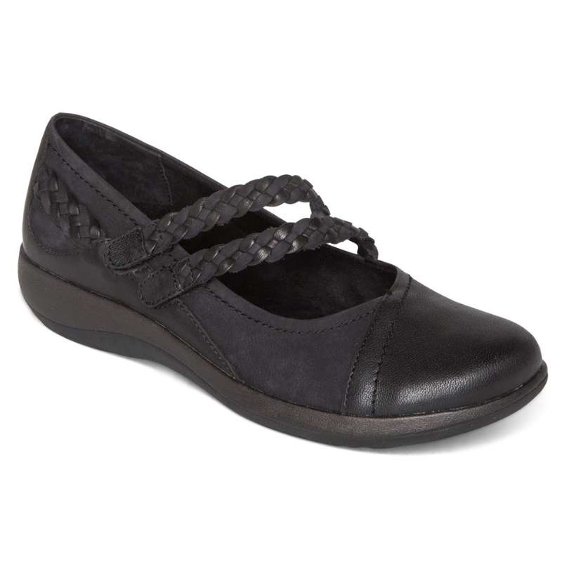Aetrex Annie casual shoes; black leather with braided straps and comfortable support.