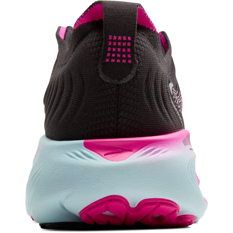 Brooks Adrenaline GTS 25 athletic shoes, black knit upper with pink accents and light blue outsole.