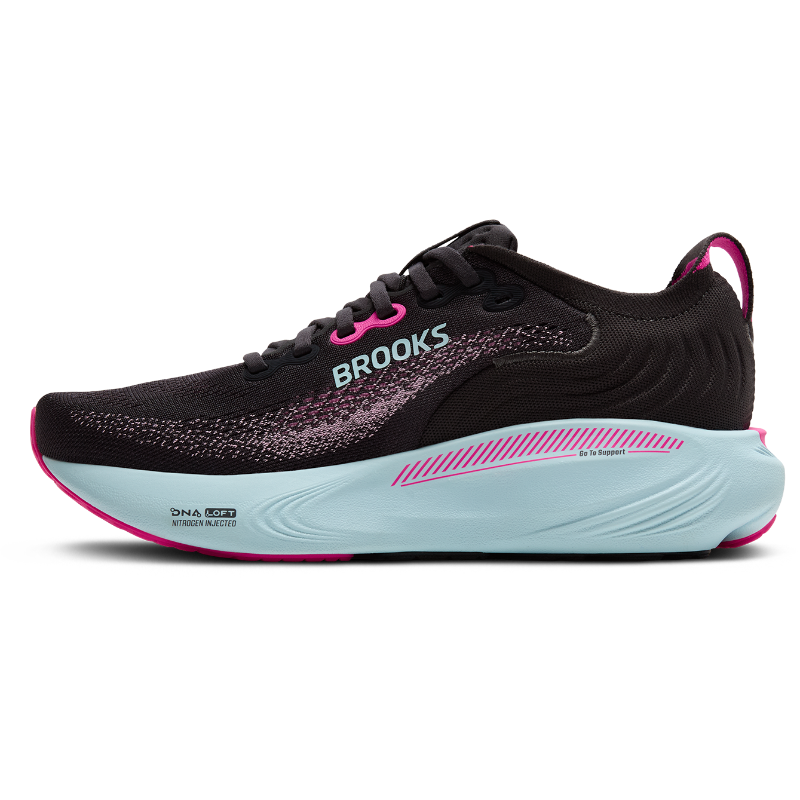 Brooks Adrenaline GTS 25 athletic shoes in black with pink accents and a light blue midsole