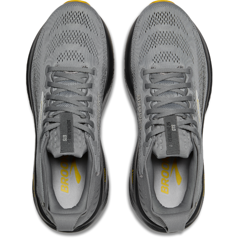 Brooks Adrenaline GTS 25 athletic shoes, gray knit upper with yellow accents, pair