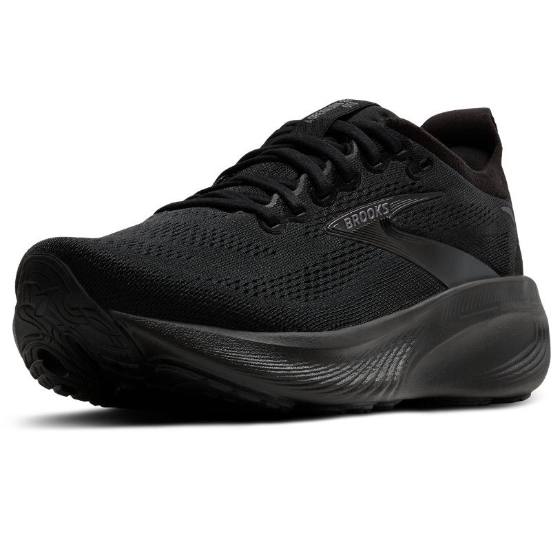 Brooks Adrenaline GTS 25 athletic shoe in black with knit mesh upper and cushioned sole