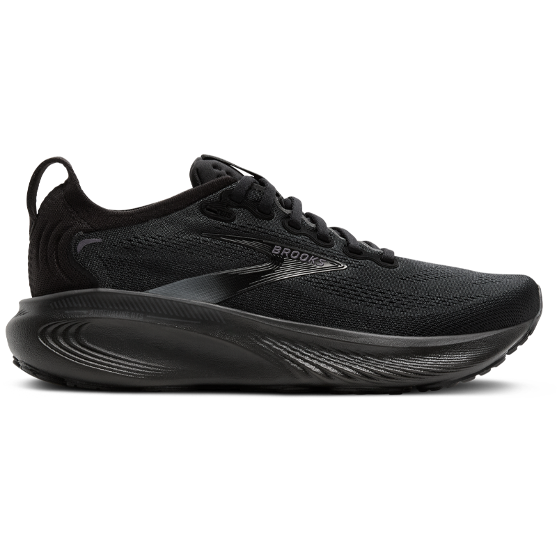 Brooks Adrenaline GTS 25 athletic shoe, black mesh upper with cushioned midsole