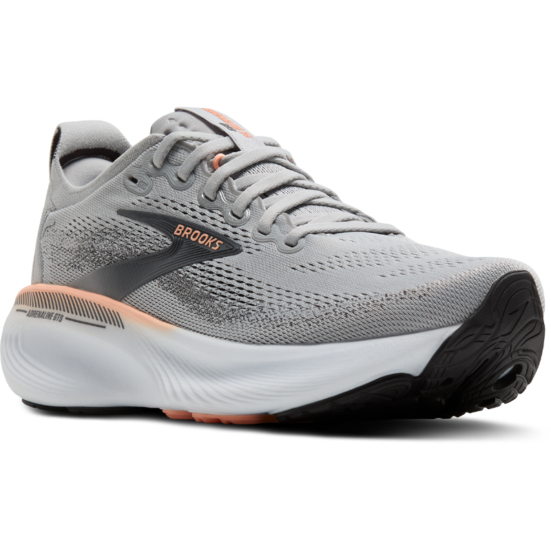 Brooks Adrenaline GTS 25 athletic shoes; gray knit upper with peach accents and black outsole