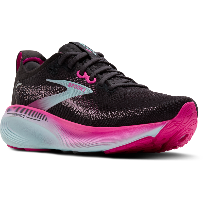 Brooks Adrenaline GTS 25 athletic shoes, black mesh upper with pink accents and pale blue–pink gradient midsole.