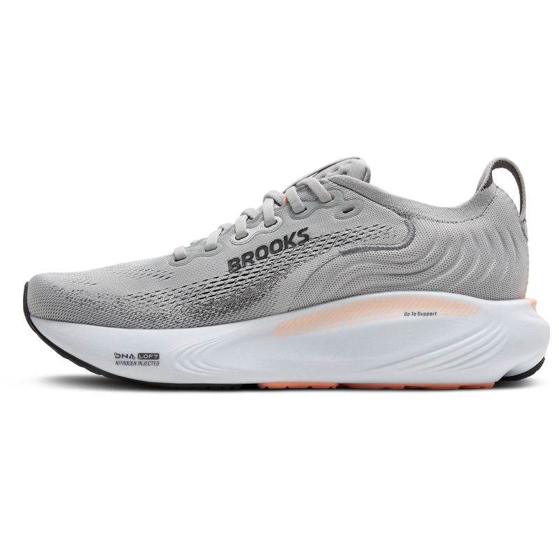 Brooks Adrenaline GTS 25 athletic shoes with grey mesh upper and white midsole accented in orange