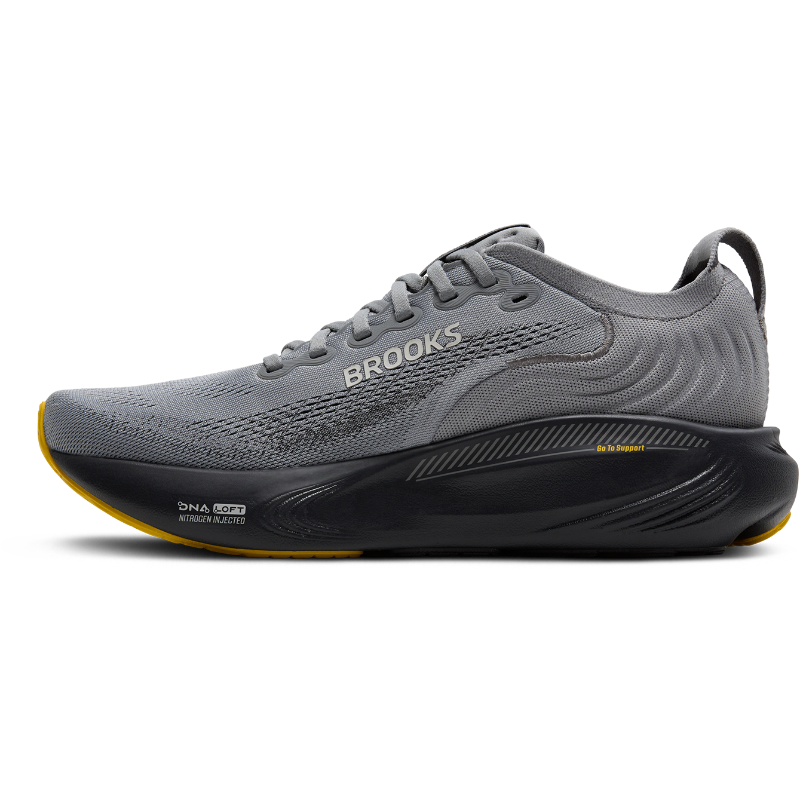 Brooks Adrenaline GTS 25 athletic shoes in gray with black midsole and yellow outsole accents.