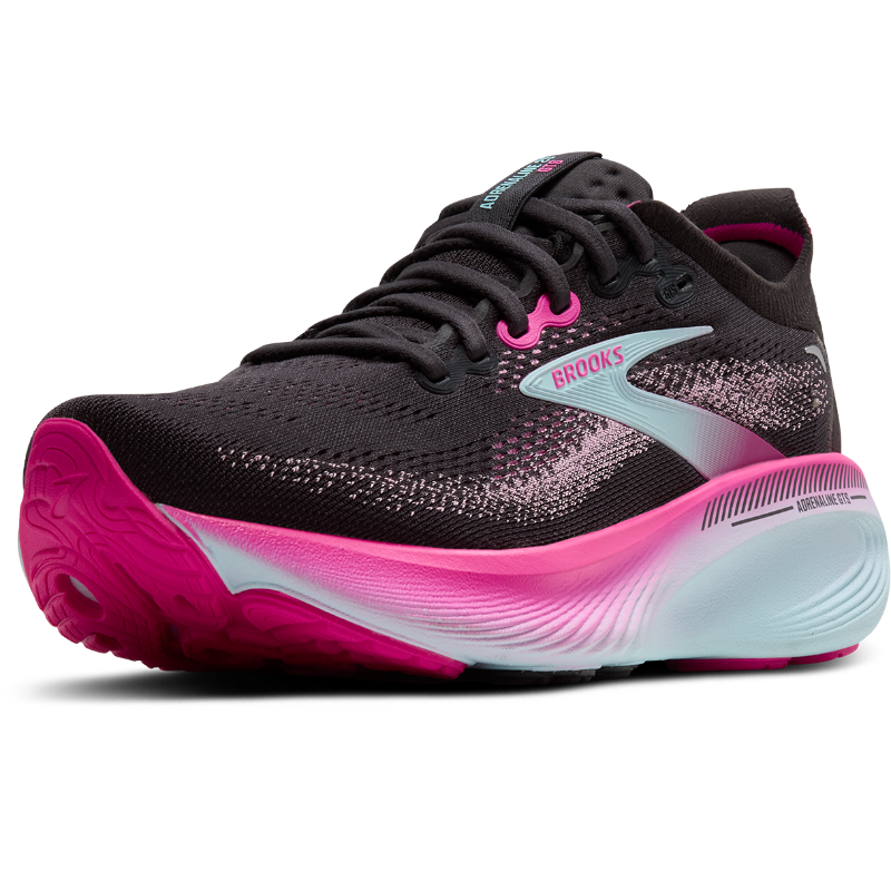 Brooks Adrenaline GTS 25 athletic shoes in black with pink gradient midsole and outsole.