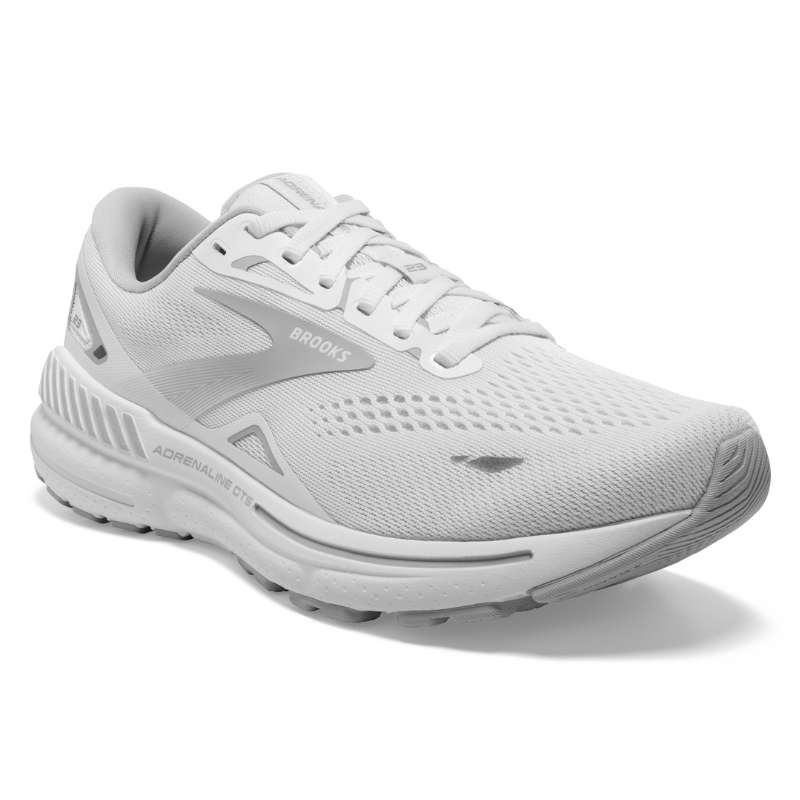 Brooks Adrenaline Gts 23 : Womens Athletic Shoes White/Oyster/Silver Right Side Front View