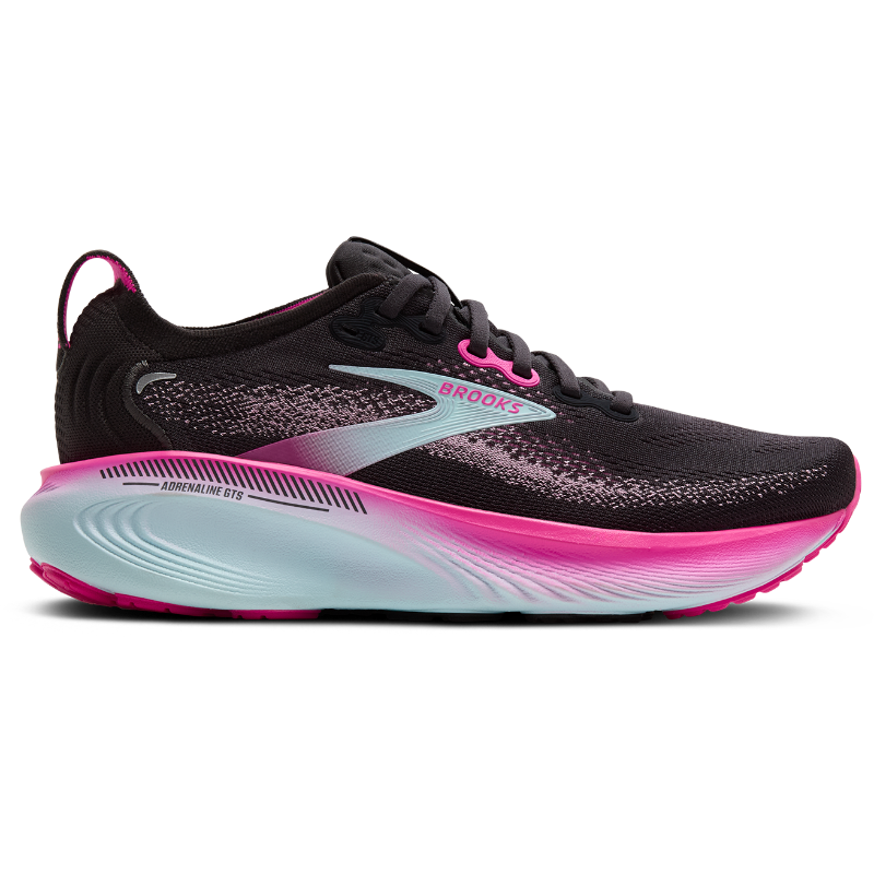 Brooks Adrenaline GTS 25 athletic shoes in black with pink accents and light blue midsole