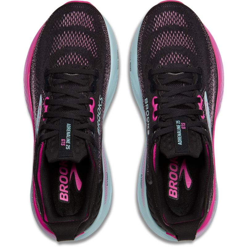Brooks Adrenaline GTS 25 athletic shoes, black with pink accents and light blue soles, pair