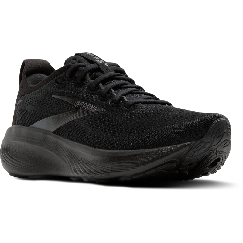 Brooks Adrenaline GTS 25 athletic shoe in black mesh with cushioned sole and logo detail
