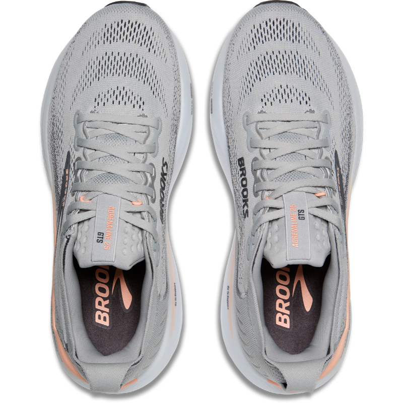 Brooks Adrenaline GTS 25 athletic shoes, light gray knit uppers with peach accents