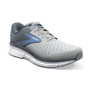 Brooks Dyad 11: Women's Athletic Shoes Gray, White, & Blue Right Side Front View