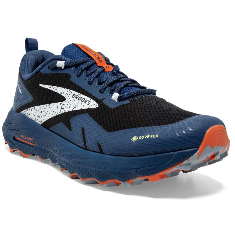 Brooks Cascadia 17 Gtx : Mens Athletic Shoes Black/Blue/Firecracker Right Side Front View
