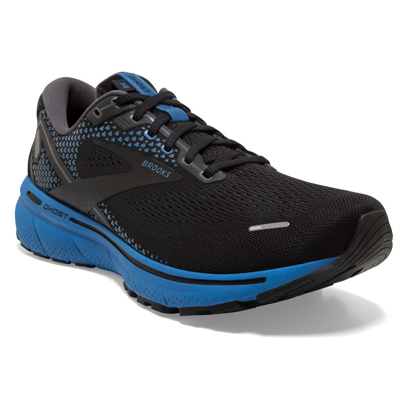 Brooks Ghost 14: Men's Athletic Shoes Black, Blackened Pearl, & Blue Right Side Front View