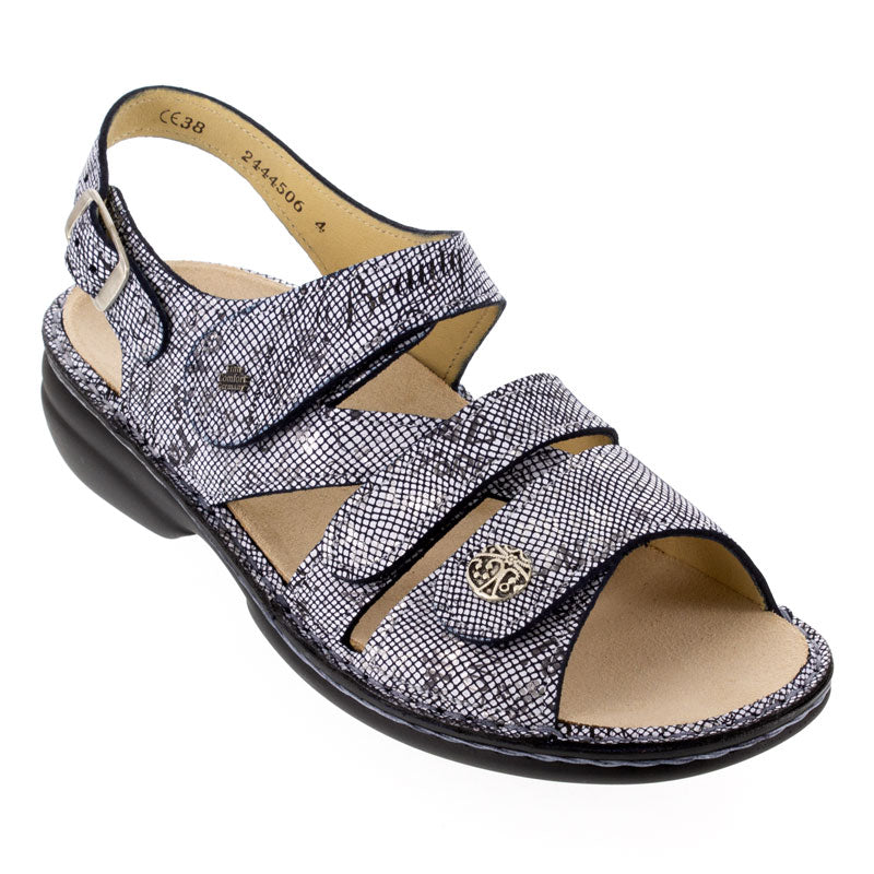 Finn Gomera : Soft Footbed Women's Sandals Blue Words Right Side Front View