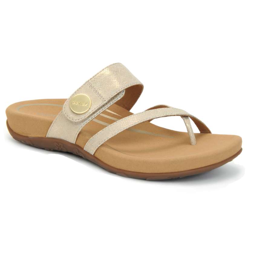 Aetrex Izzy Thong: Women's Sandals Light Gold Right Side Front View