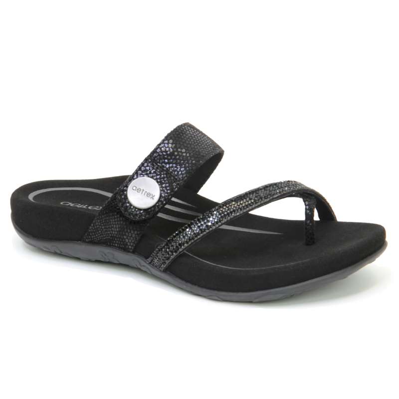 Aetrex Izzy Sparkle Thong : Women's Sandals Black Right Side Front View