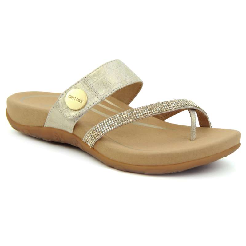 Aetrex Izzy Sparkle Thong: Women's Sandal Gold Right Side Front View