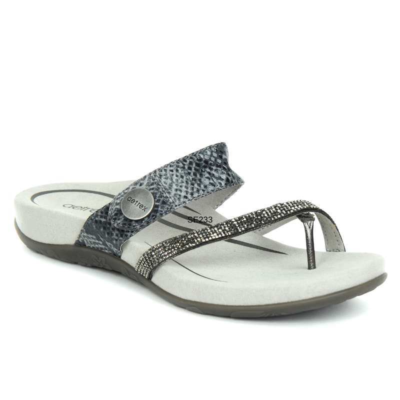 Aetrex Izzy Sparkle Thong: Women's Sandals Pewter Right Side Front View