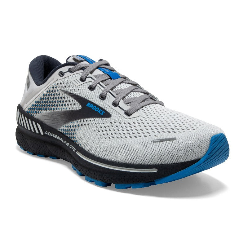 Brooks Adrenaline GTS 22: Men's Athletic Shoes Oyster, India Ink, & Blue Right Side Front View