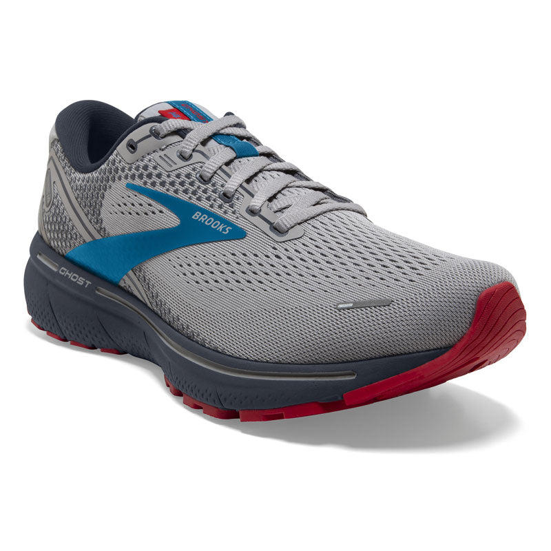 Brooks Ghost 14: Men's Athletic Shoes Gray, Blue, & Red Right Side Front View