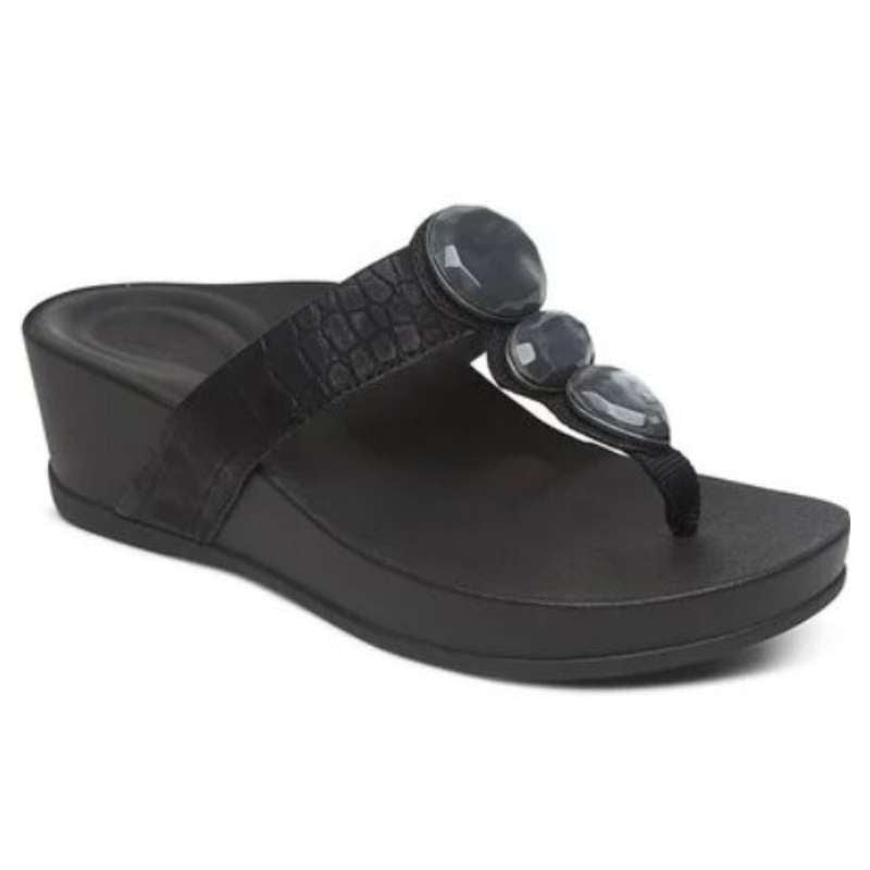 Aetrex Elyse Thong : Womens Casual Sandal Black Right Side Front View